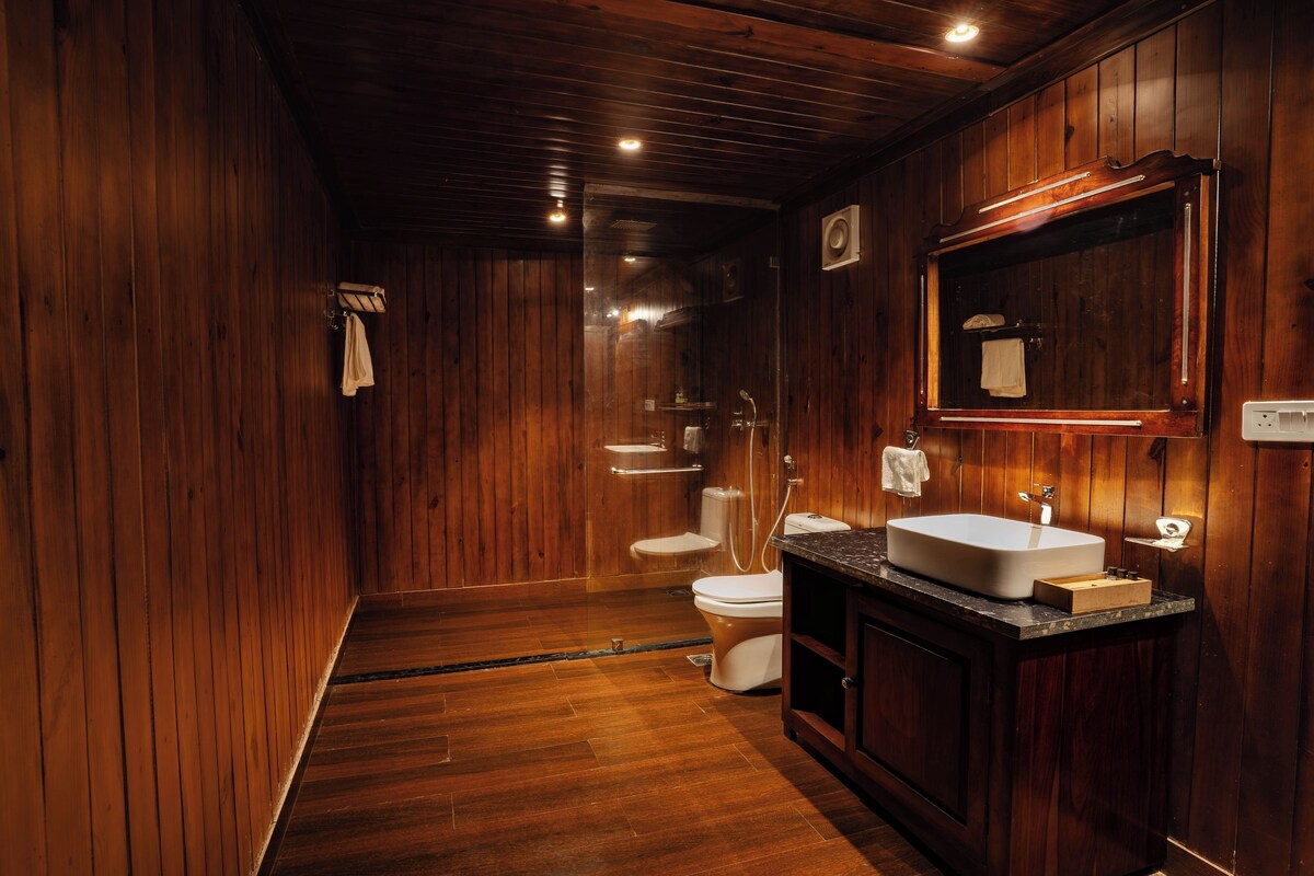 Un baño con paneles de madera, un lavamanos grande, un espejo y un inodoro.