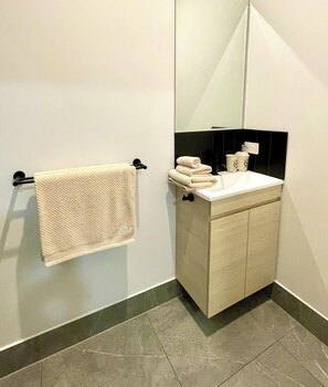 Shower, hair dryer, towels, soap