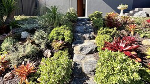 A modern building with a stone pathway leading to a wooden door, surrounded by a variety of colorful succulents and plants. - Peaceful retreat 6 km north of Coffs Harbour! (Korora)