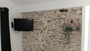 A room with a stone wall, a mounted TV, a hanging plant, and two ottomans.