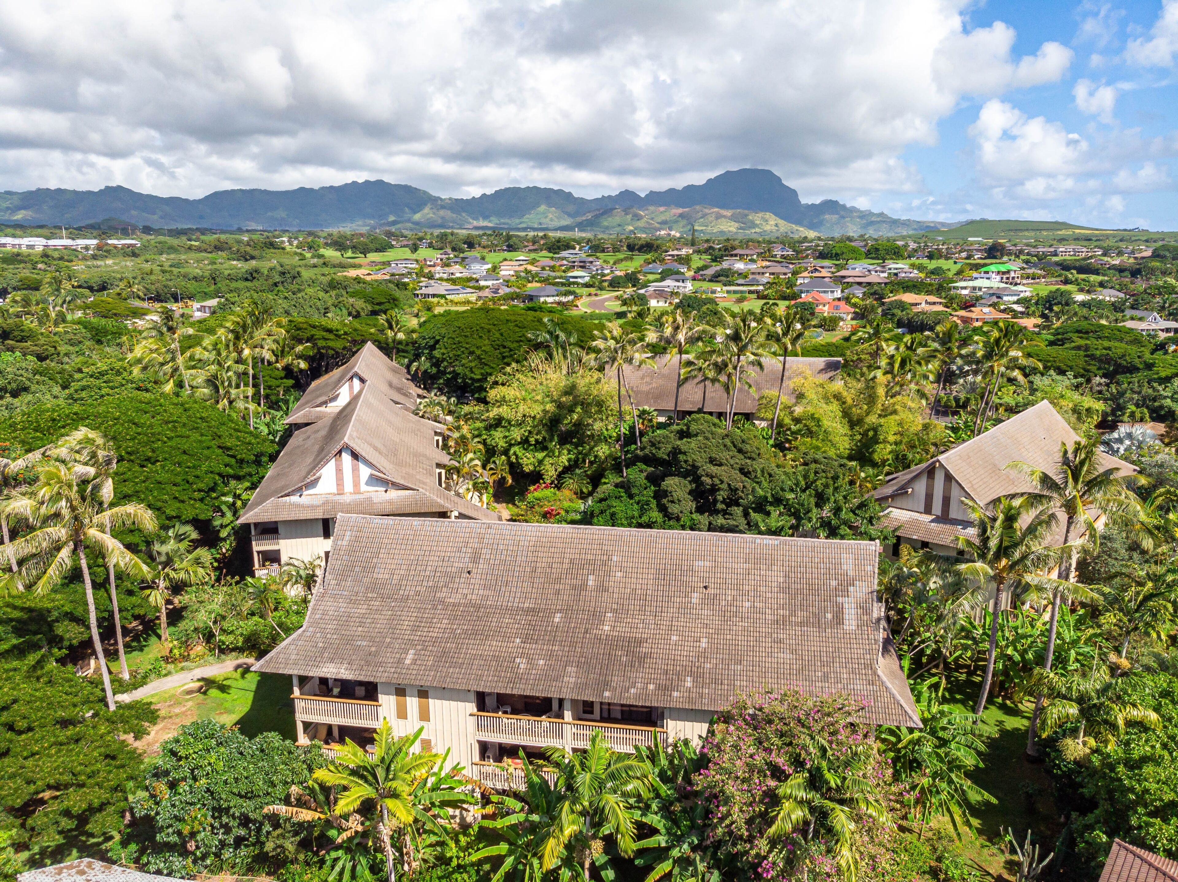 A tropical resort with multiple bungalow-style buildings surrounded by lush greenery and palm trees.