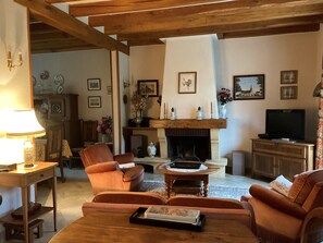 Télévision, cheminée, lecteur de DVD