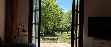 TV, fireplace, books, offices