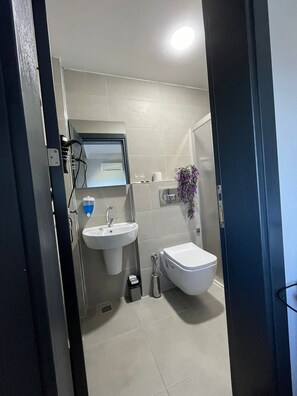 Habitació doble econòmica, vistes al mar | Bany | Dutxa, assecador de cabells, tovalloles i sabó 