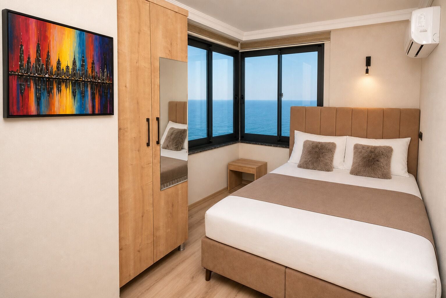 Ein Schlafzimmer mit Bett, Kleiderschrank, Nachttisch, einem Gemälde und einem großen Fenster mit Aussicht.