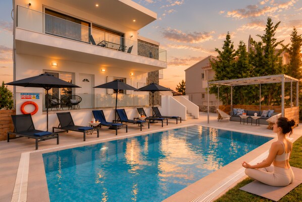 A swimming pool with lounge chairs and umbrellas, a person meditating, and a building with a balcony.