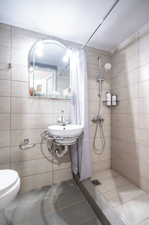 Secadora de cabello, toallas, jabón, papel de baño 
