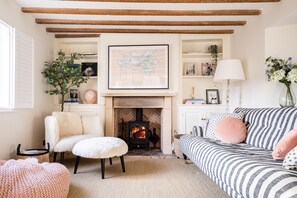 Televisión, chimenea y libros 