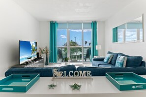 Condo, 2 Queen Beds, Balcony, Ocean View (Ocean Wind) | Living area | 43-inch TV with digital channels - Ocean Wind Luxury Beachfront Condo With Pool & Gym (Hollywood)