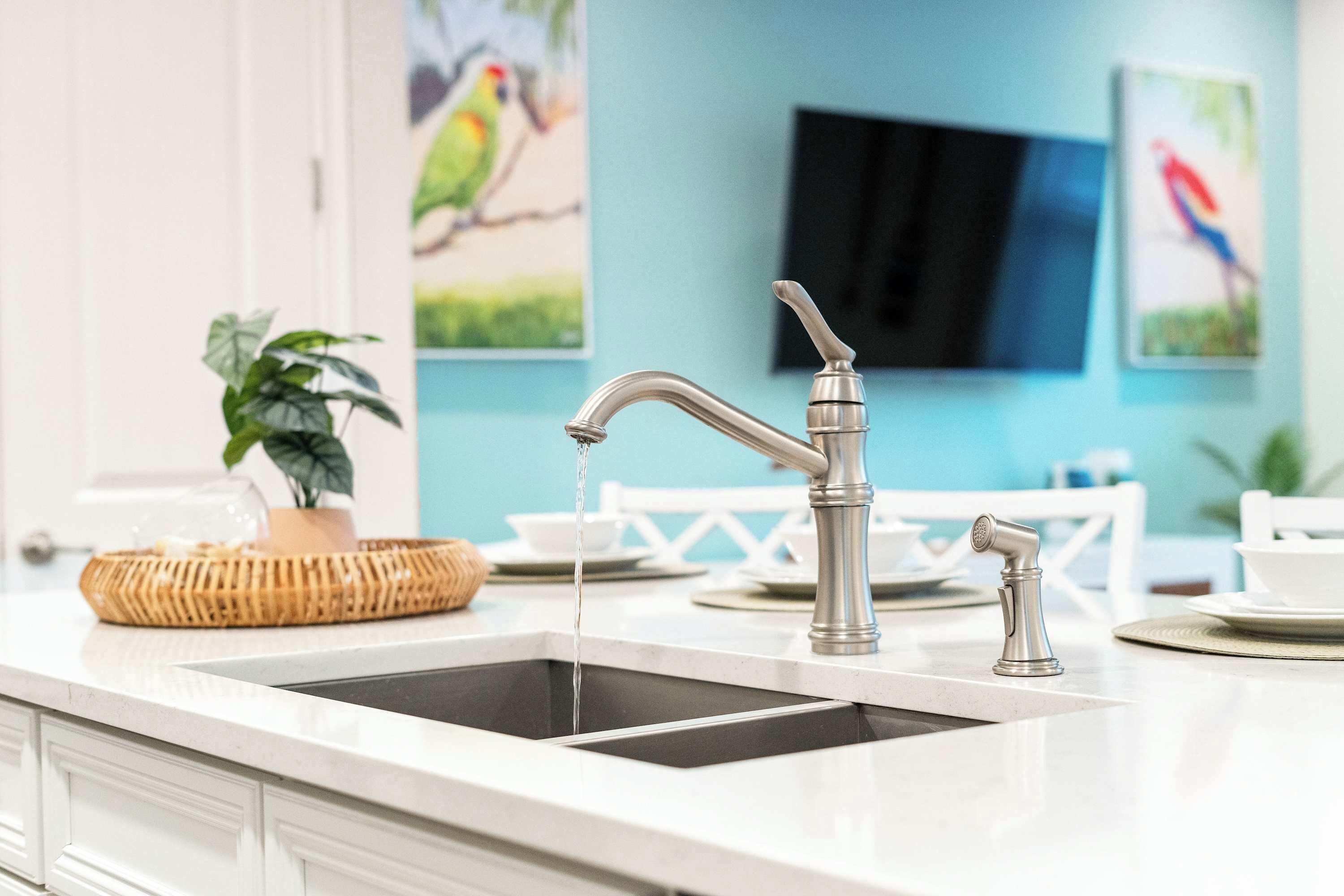 A modern kitchen with a stainless steel sink, a faucet, and a flat-screen TV mounted on the wall.