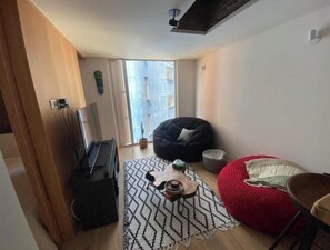 TV, music library, stereo