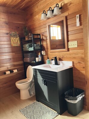 Ducha, secador de pelo, toallas, jabón
