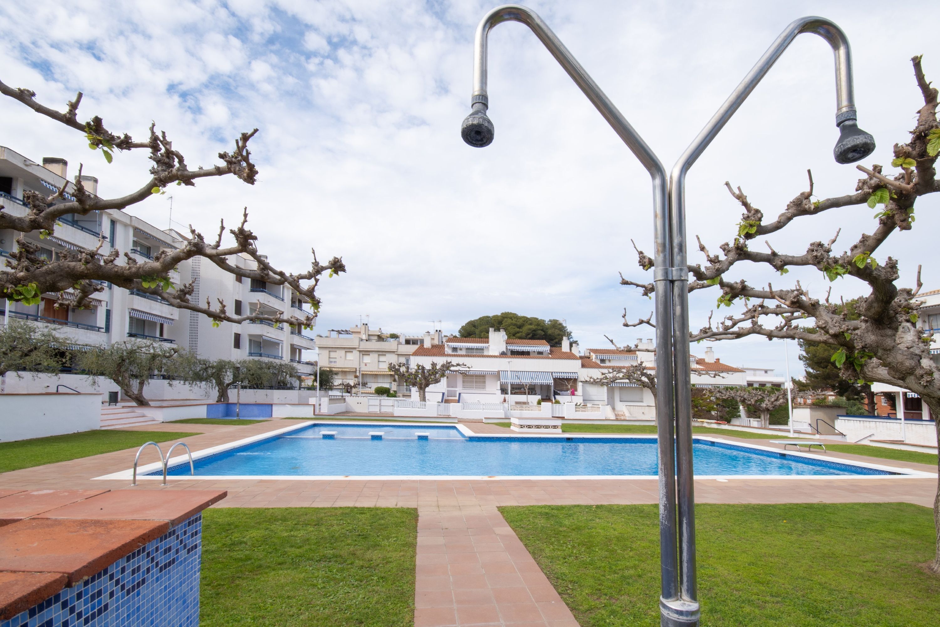 A swimming pool with a tiled deck, surrounded by grass and trees.