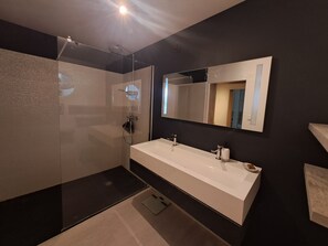 Regadera, secadora de cabello, toallas, papel de baño