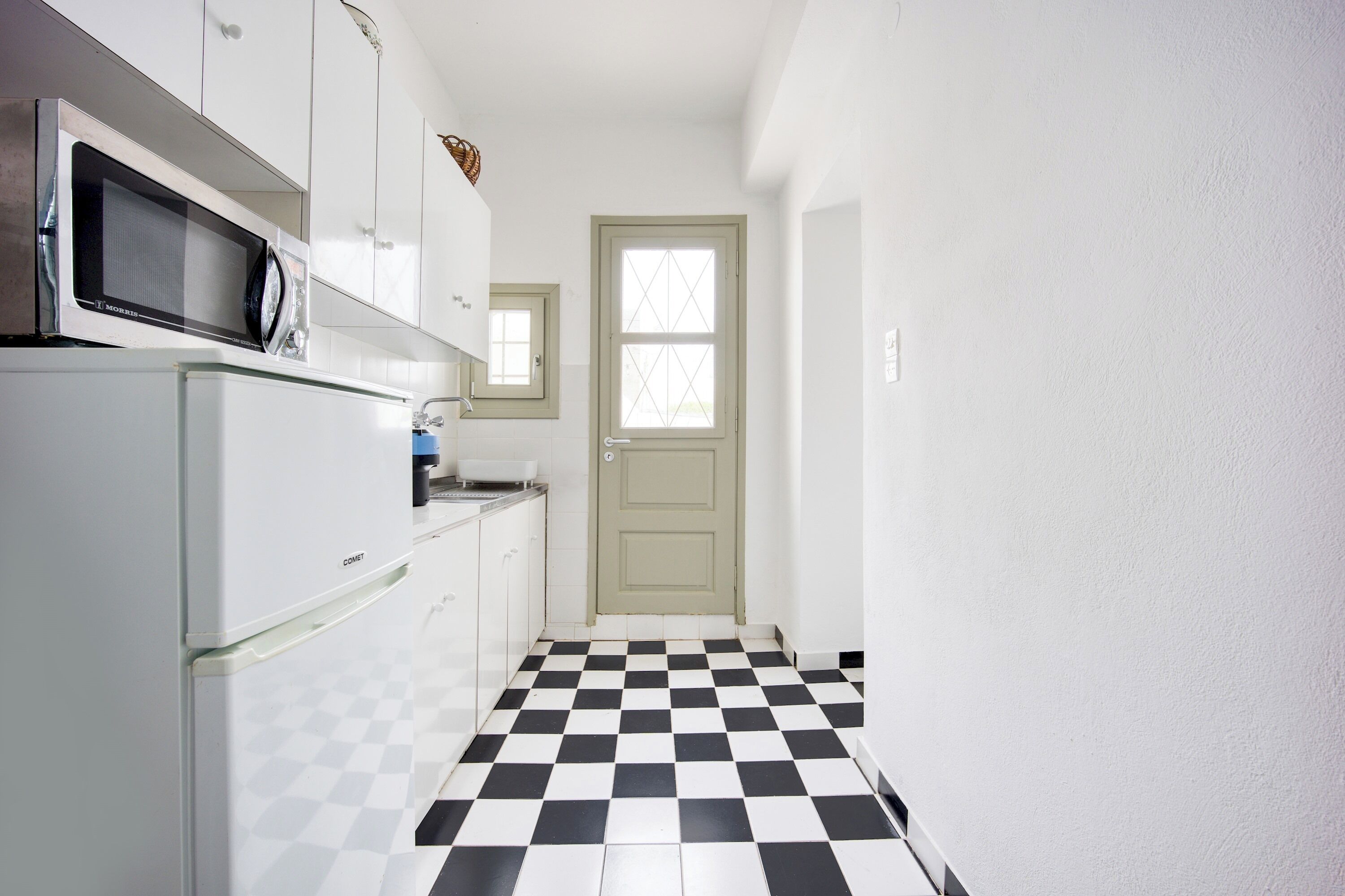 Fridge, microwave, toaster, cookware/dishes/utensils