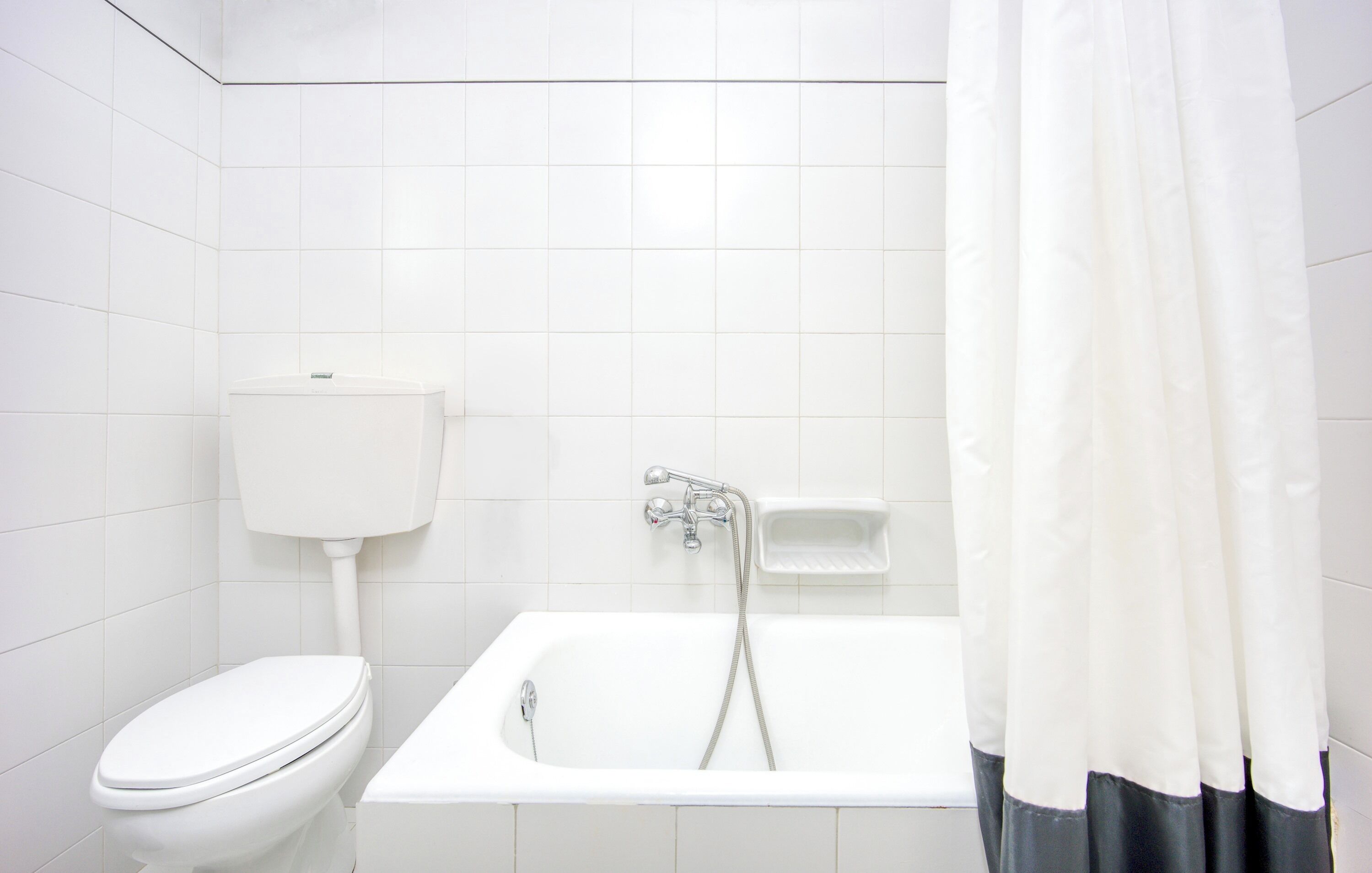 Un bagno con il water, una vasca e una doccia.