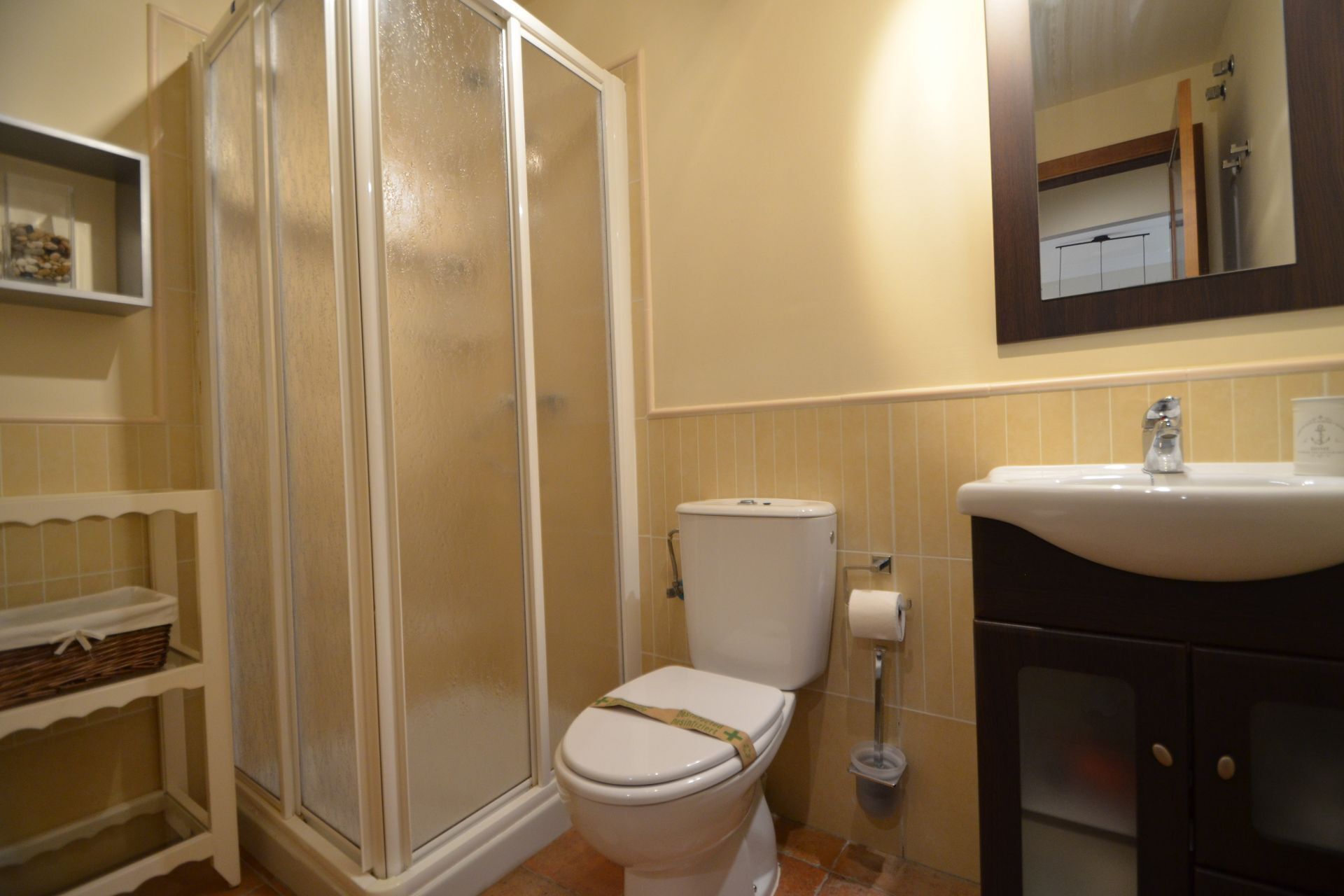 Een badkamer met douchecabine, toilet, wastafel en een spiegel boven de wastafel.