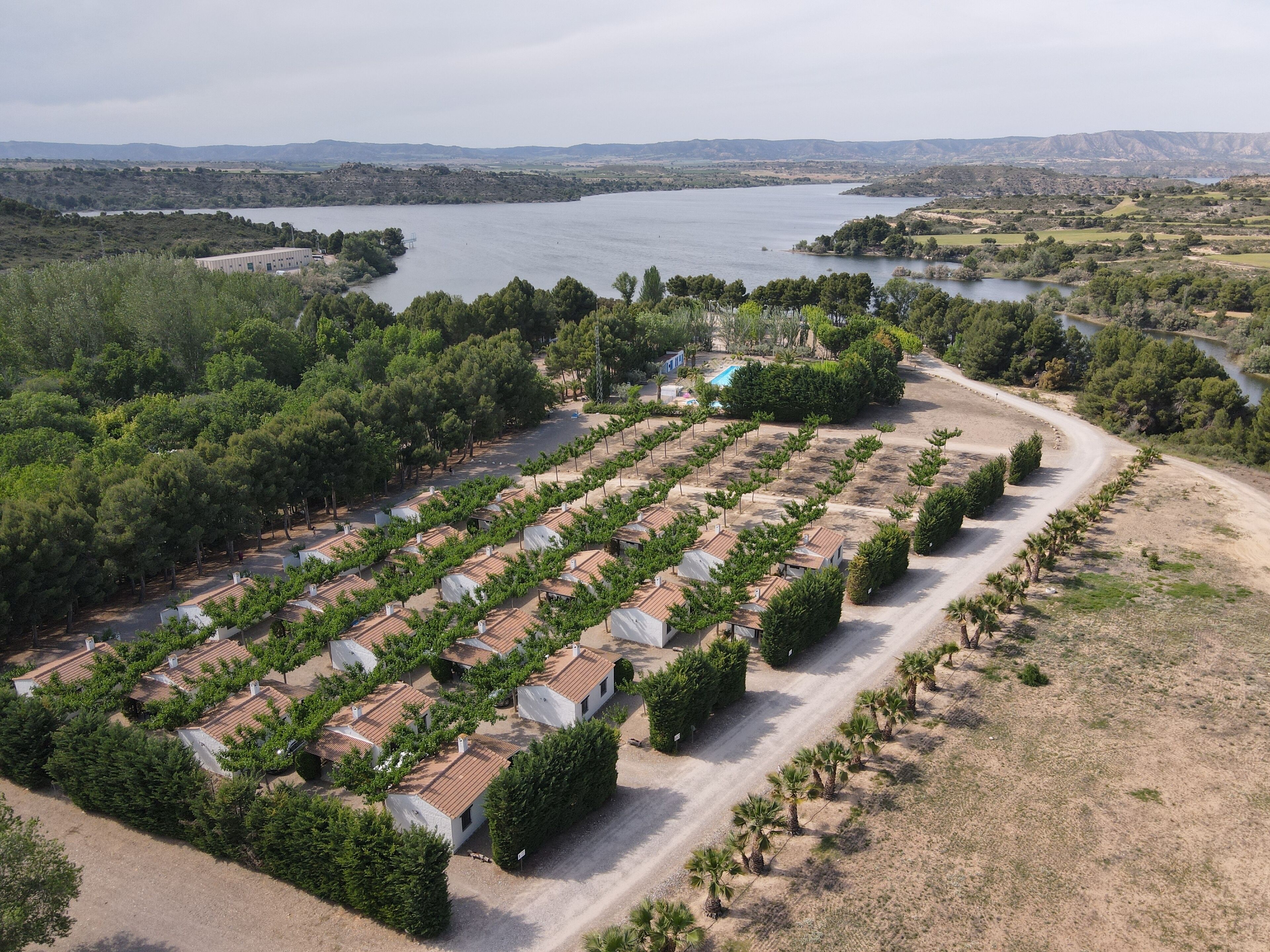 An aerial view of a vineyard with rows of grapevines and white buildings with red roofs, surrounded by greenery and a lake in the background.