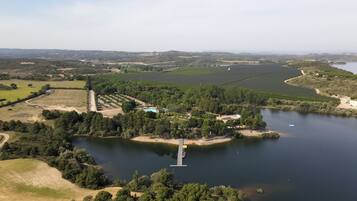 Vista aérea de uma propriedade à beira de um lago, com um píer, piscina e vinhedos.