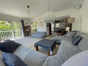 Smart TV, fireplace, books, stereo
