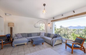 Smart TV, fireplace, books, stereo