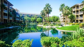 Surrounded by lush greenery and palm trees, this resort features a tranquil water feature with a small island and well-manicured lawns.