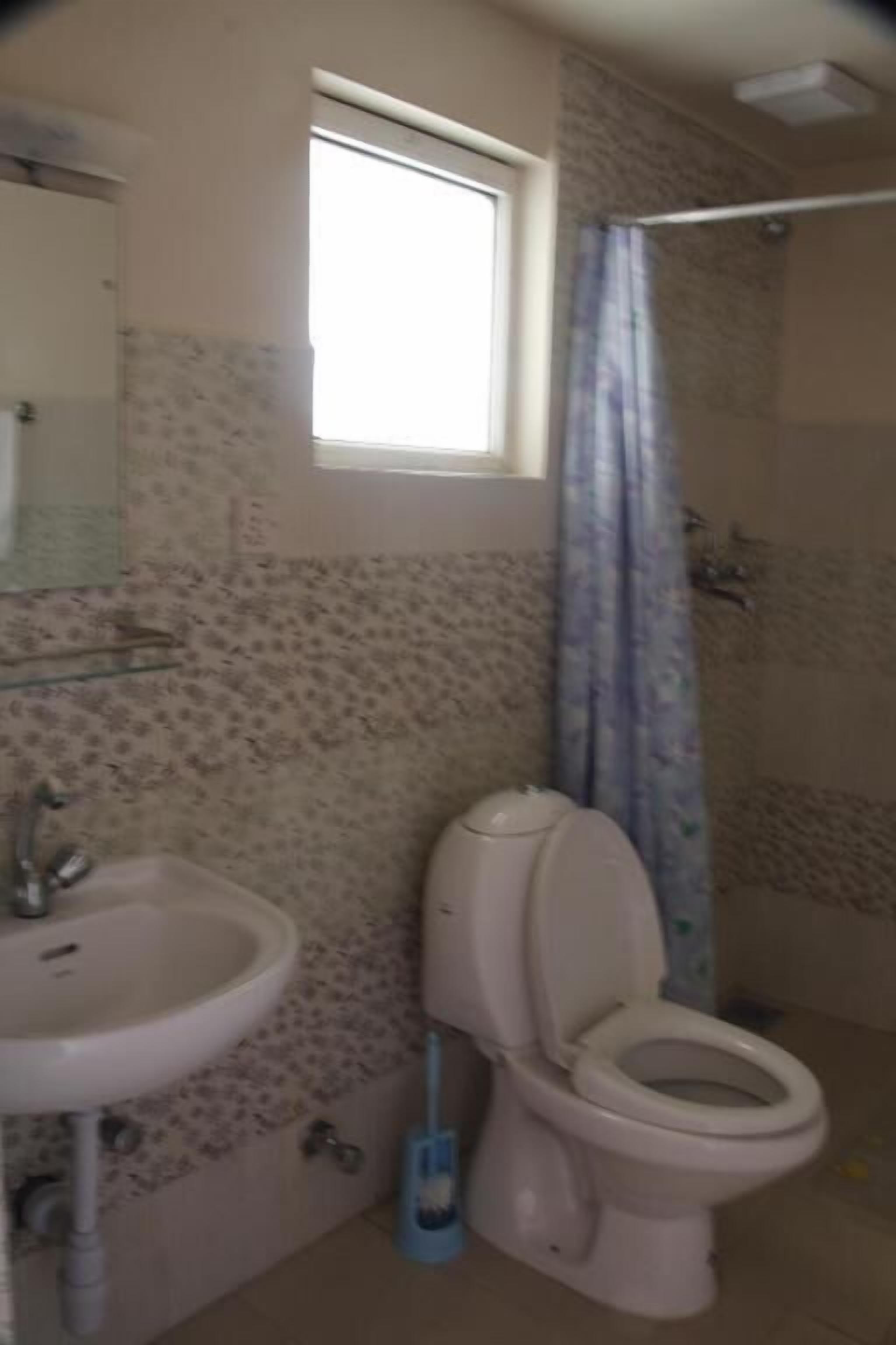 Un baño con inodoro, lavamanos y zona de ducha.