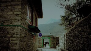 A narrow stone pathway leading to a traditional building with a green archway. - Panorama Lodge and Restaurant  (Namche Bazar)