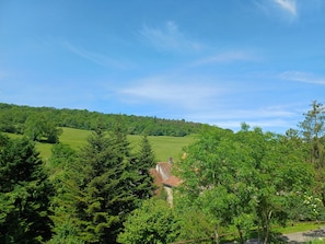 A rural landscape with rolling green hills, a small house with a red roof, and dense trees in the foreground.