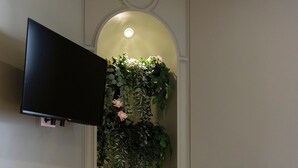 A room with a mounted TV, a decorative plant wall, a patterned rug, and a white radiator. - La Cachette de Stanislas - Centre-ville de Nancy (Nancy)