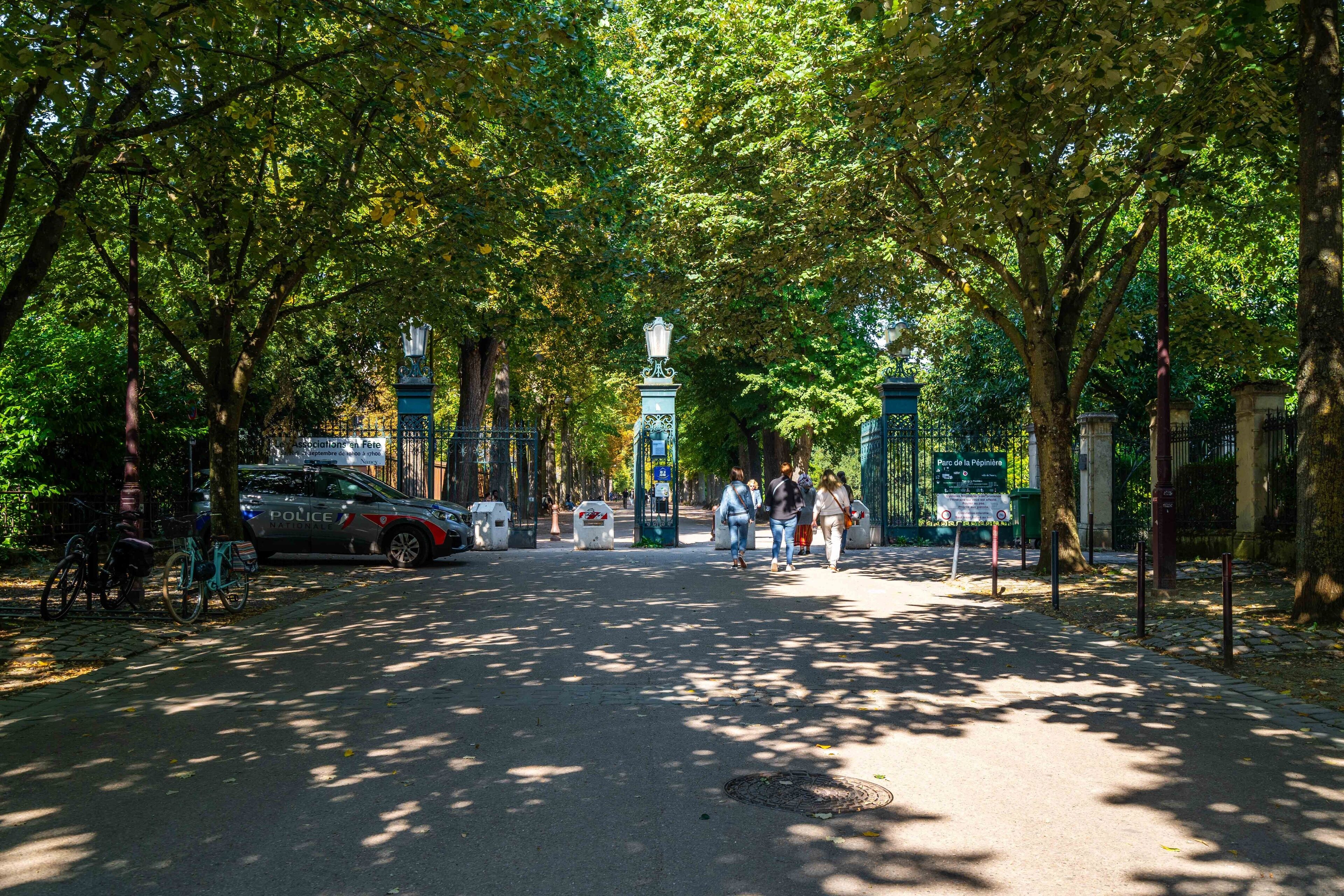 Rua arborizada com um carro de polícia estacionado na lateral, uma bicicleta e pedestres a caminhar.