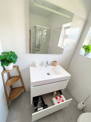 Hair dryer, towels, toilet paper