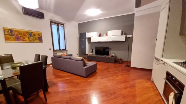 A living room with a sofa, a dining table with chairs, a TV, and a kitchen area with cabinets. - Cozy 1-bedroom apartment in fantastic Milano with AC, WiFi (Milano)