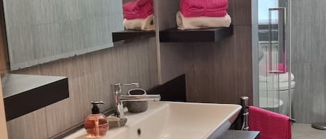 Douche, sĂšche-cheveux, bidet, serviettes fournies