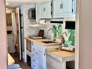 Fridge, microwave, stovetop, high chair