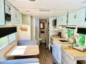 Fridge, microwave, stovetop, high chair