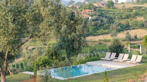 A swimming pool with lounge chairs, surrounded by greenery and a hilly landscape. - Feel Discovery Casa da Granja I (Resende)
