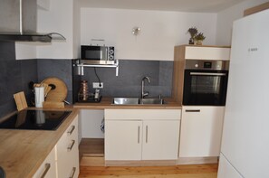 Fridge, microwave, stovetop, dishwasher - FEWO Wolfseiche apartment, in the middle of nature, directly on the cycle path charging station (Waldhufen)