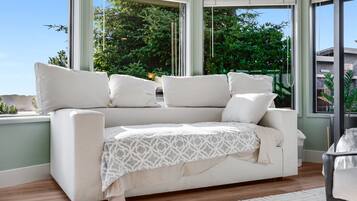 Smart TV, fireplace, books, offices