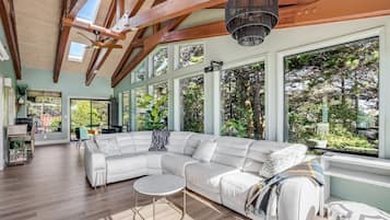 Smart TV, fireplace, books, offices