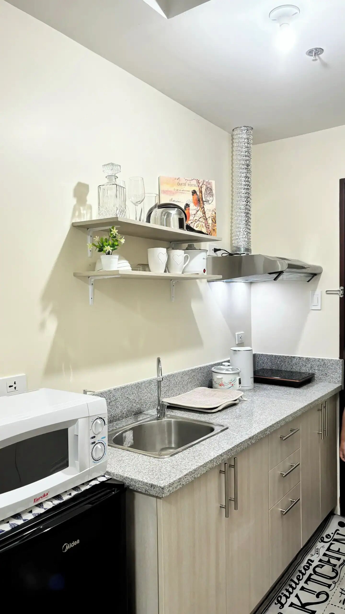 Fridge, microwave, stovetop, electric kettle