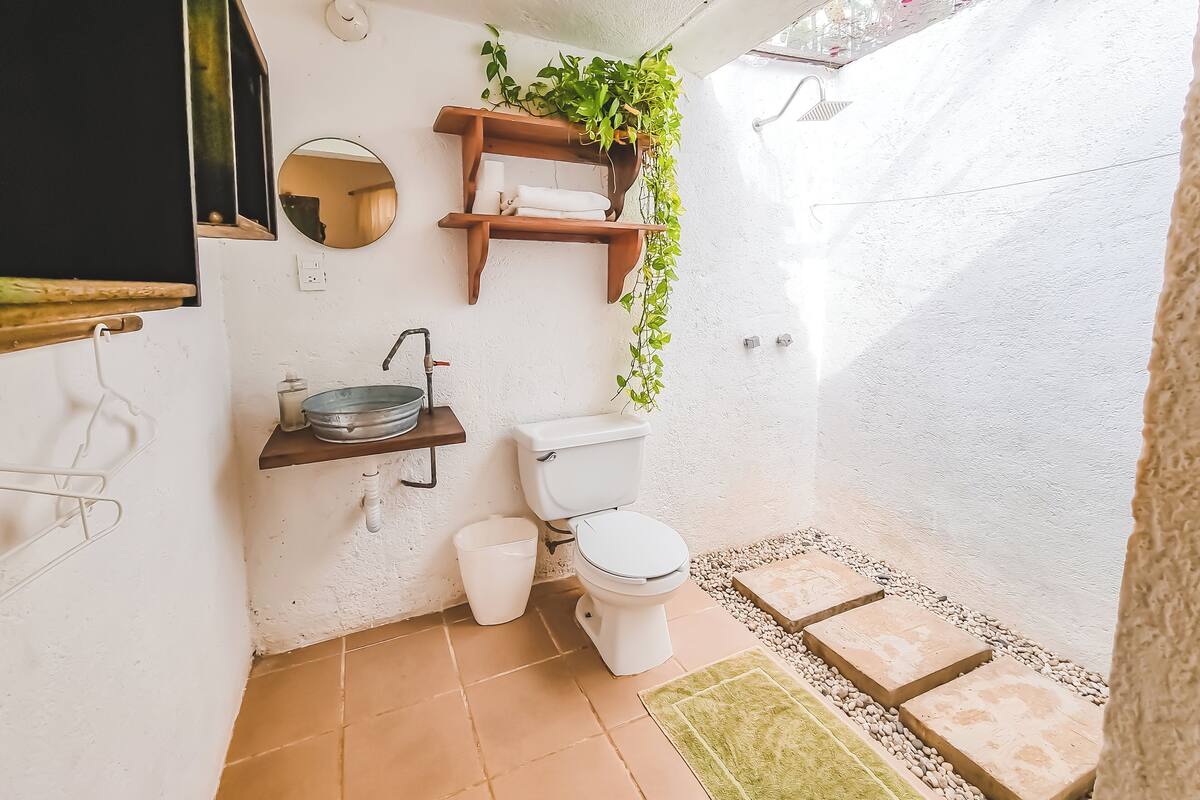 Ein kleines Badezimmer mit Toilette, Waschbecken und Ablagefläche mit einer Pflanze.