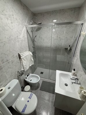 Hair dryer, bidet, towels, soap