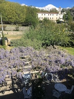 Un jardín con flores moradas, un muro de piedra y un edificio con una torre al fondo.