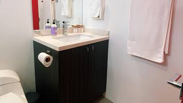 Chuveiro, secador de cabelo, toalhas de banho, sabonete