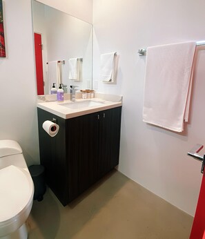 A modern bathroom with a white toilet, dark wooden cabinets, a white sink with a mirror above it, and a towel hanging on a rack. - Brand New Tiny Home in Joshua Tree with Enchanting Mountain Views (Joshua Tree)