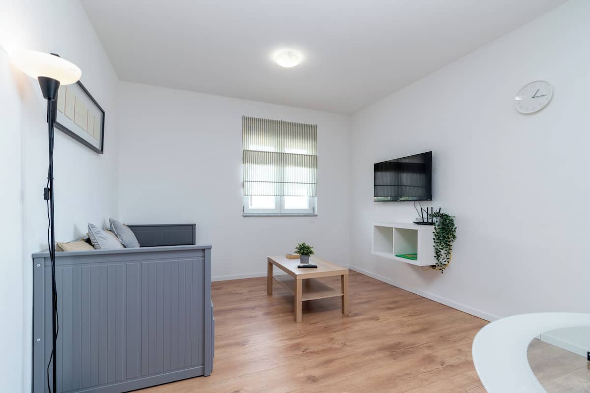 A modern living room with a wooden floor, a grey radiator, a small wooden table with a plant, a black floor lamp, and a mounted TV.