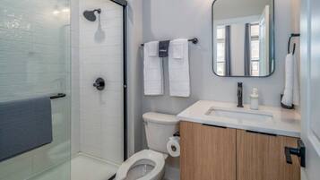 Shower, hair dryer, bidet, towels