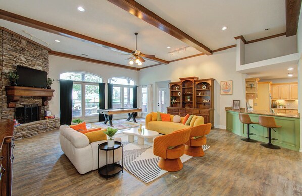 Smart TV, fireplace, books