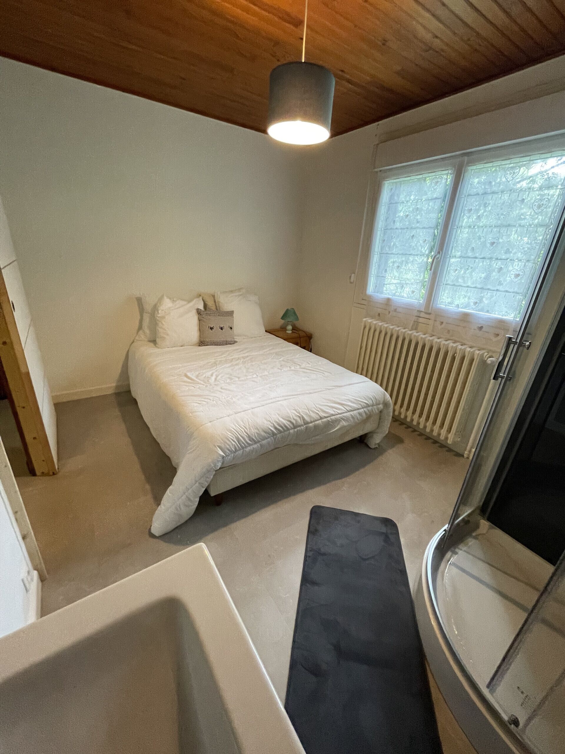 A bedroom with a bed, a bedside table with a lamp, a window with a view, and a shower area.
